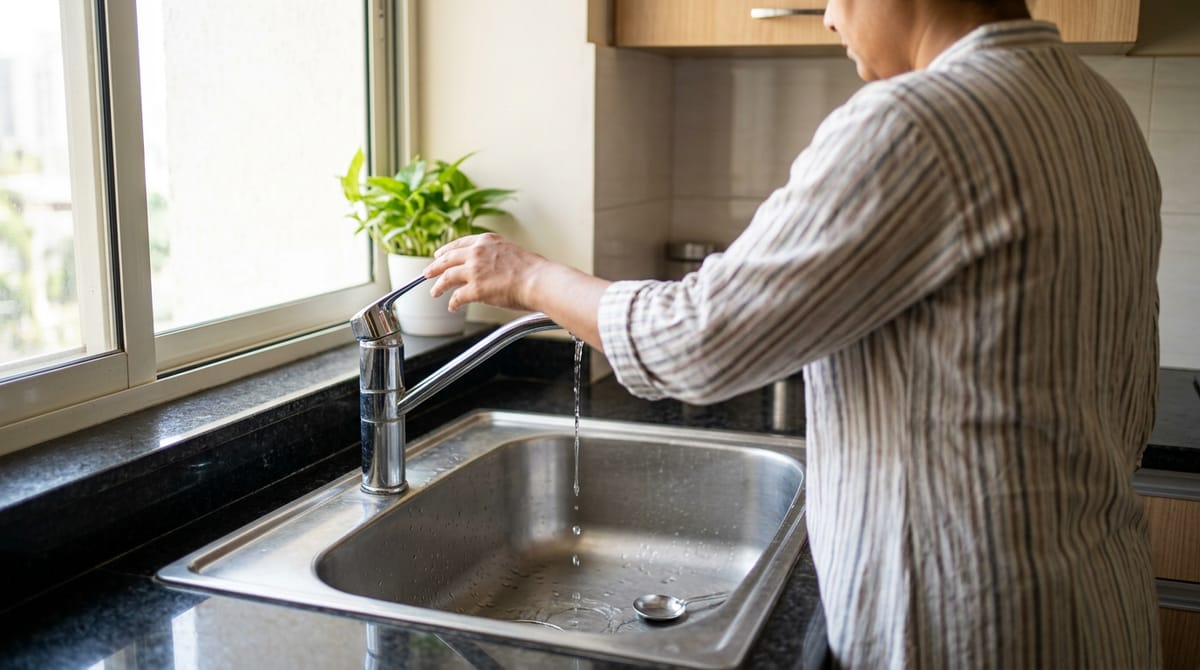A person checking the slow flow of water from a tap.