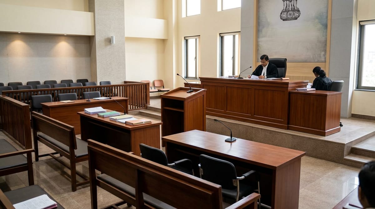 A courtroom scene with a judge and a staff member seated, with empty benches in the foreground.