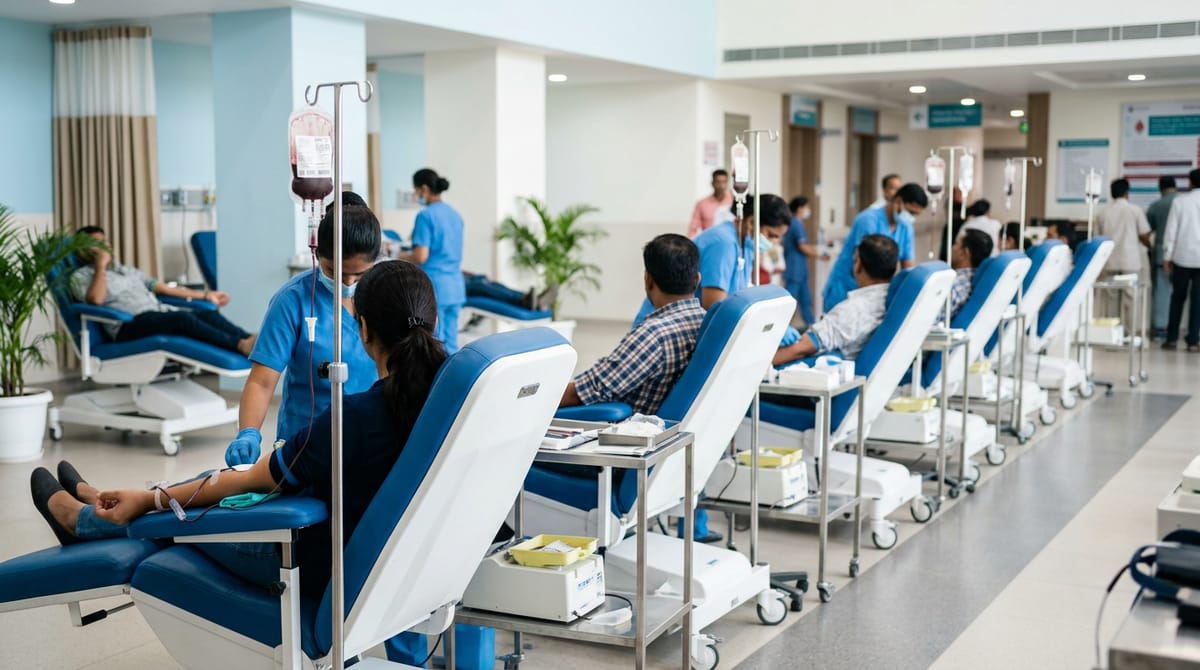 In a blood donation camp, several people are seated on chairs donating blood, assisted by healthcare workers.