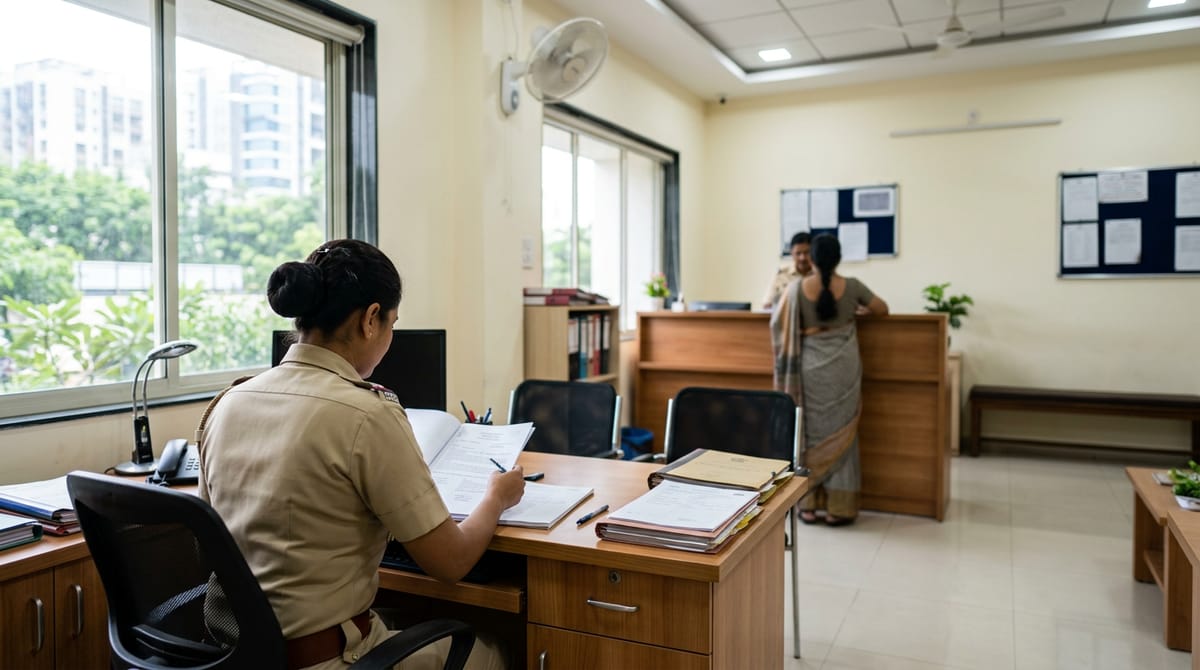 Inside a police station, a woman police officer reviews documents while two other people talk at the reception counter.
