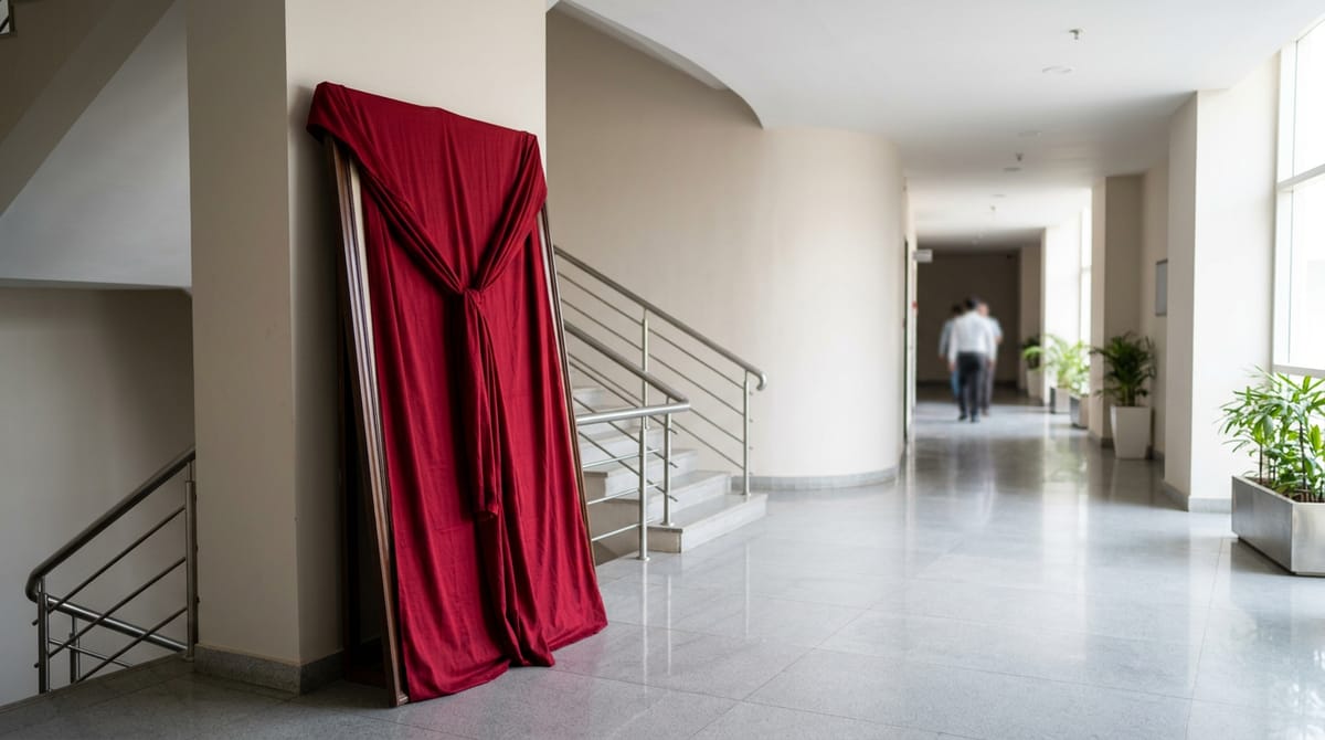 A large picture covered with red cloth in a building corridor, with people walking in the background.