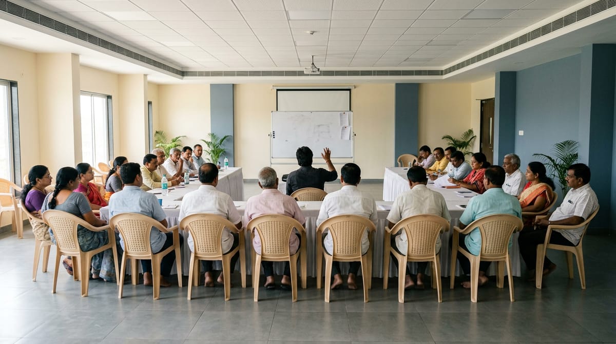 Several people are seated around a large table in a conference room, with one person speaking at the front.