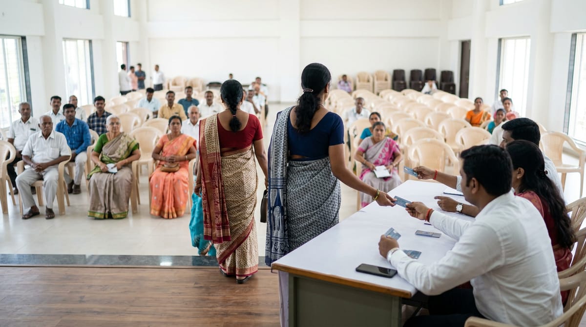एक बड़े हॉल में कुर्सियों पर बैठे लोग, और काउंटर पर स्मार्ट कार्ड वितरित करते कर्मचारी।