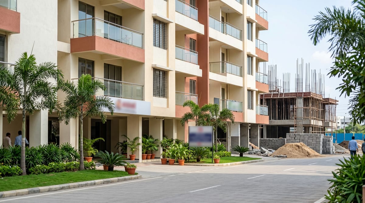 Modern apartment buildings and a building under construction, with a road and greenery in front.