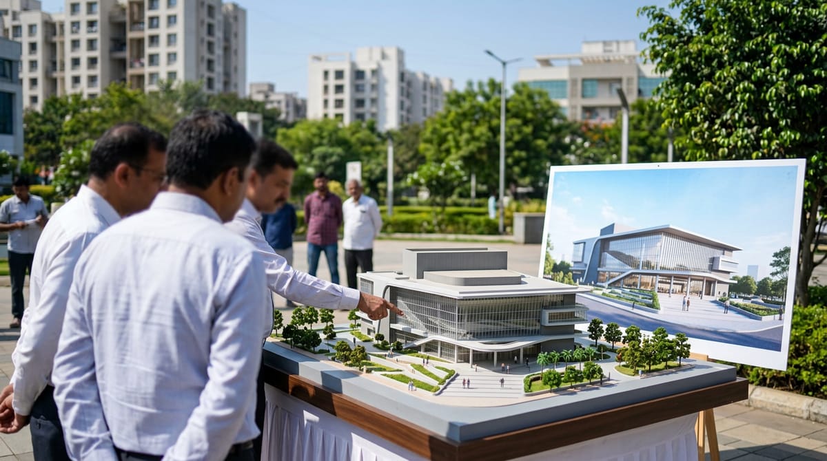 In an outdoor setting, several people are looking at a building model and a large illustration.