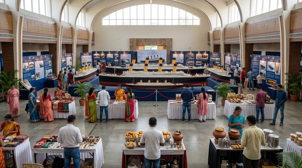 Exhibition of Titanic ship models in a large hall, with people browsing at stalls.