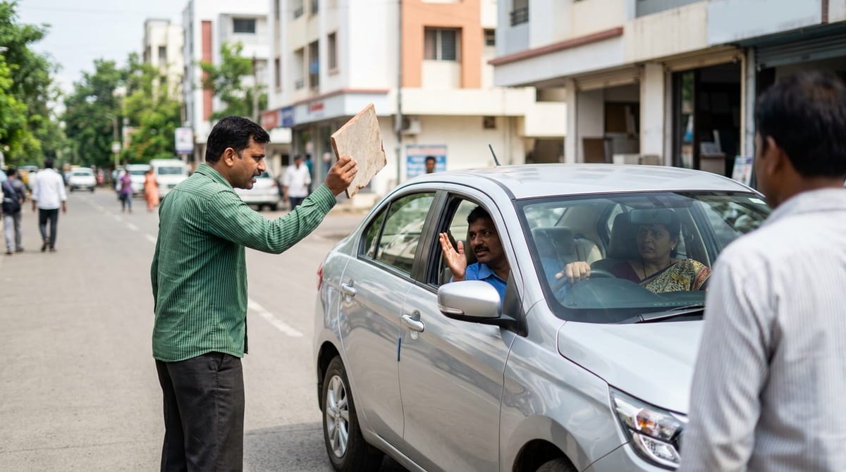 A man holding a tile piece threatens a couple in a car.
