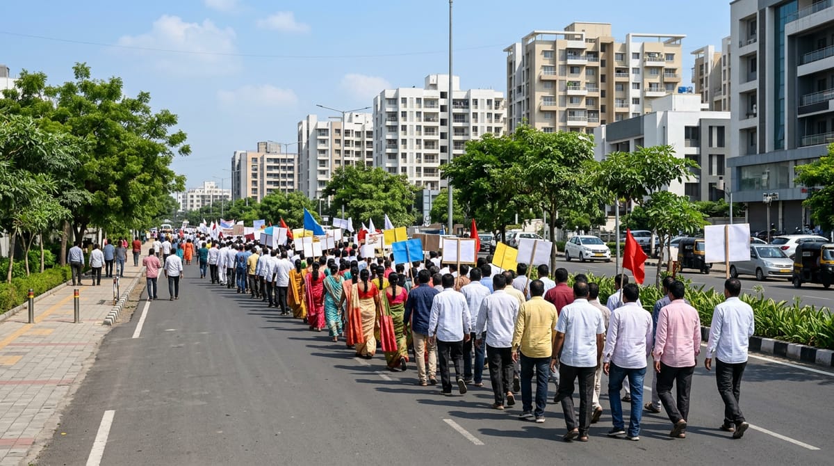 People walking on a road holding placards, with tall buildings and trees in the background.