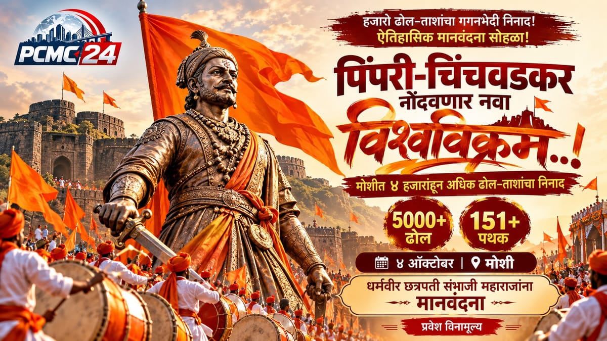 भगवा वस्त्र पहने ढोल बजाते लोग, उनके पीछे छत्रपति शिवाजी महाराज की प्रतिमा और एक ऐतिहासिक किला दिख रहा है।